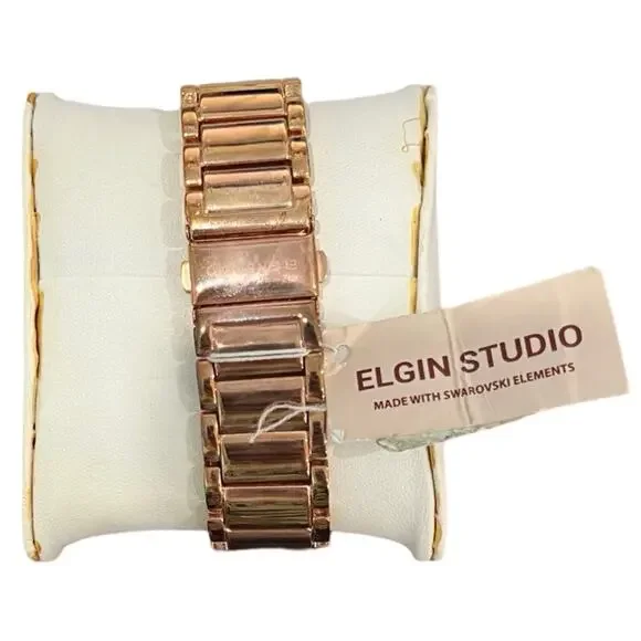 Elgin Studio Rose Gold Fold Over Clasp Analog Swarovski Crystal Watch NEW in Box - Picture 5 of 10